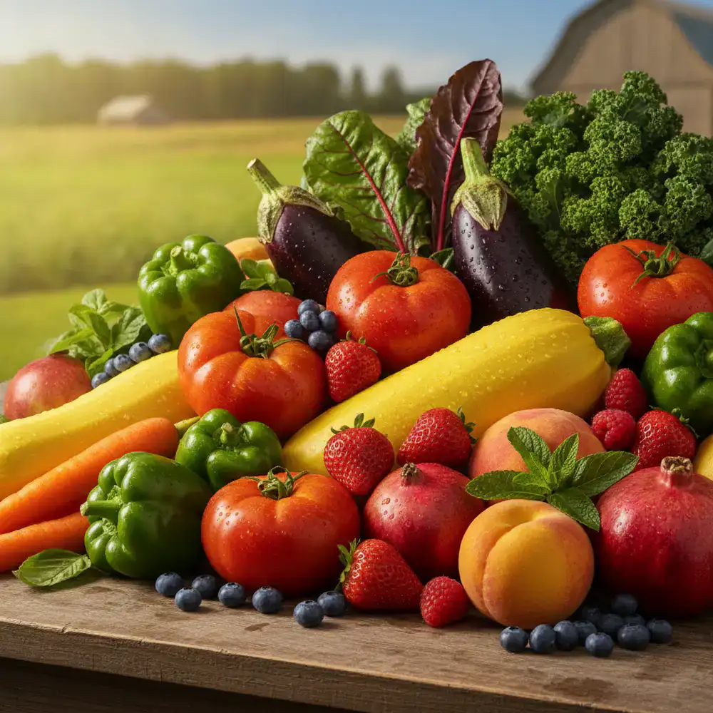 Vibrant, colorful assortment of freshly harvested vegetables and fruits