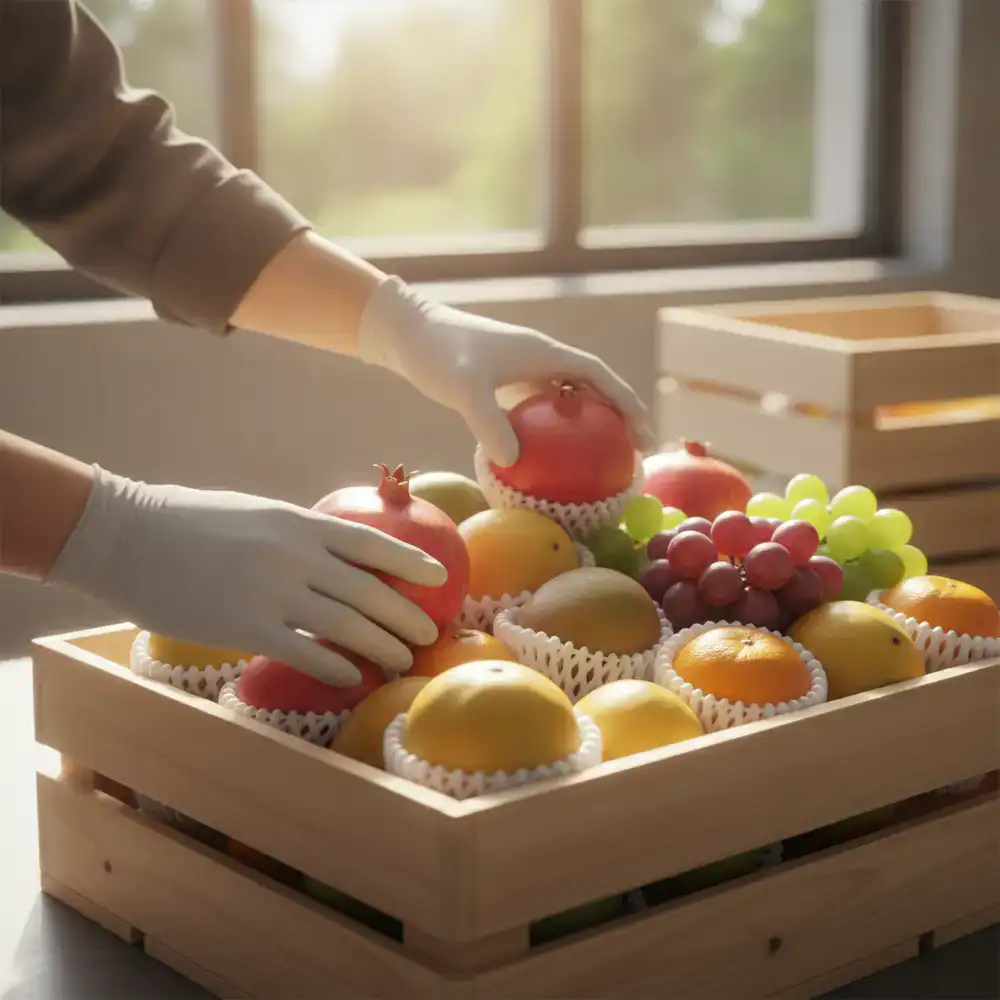 Careful hand-packing of bright fruits into delivery crates
