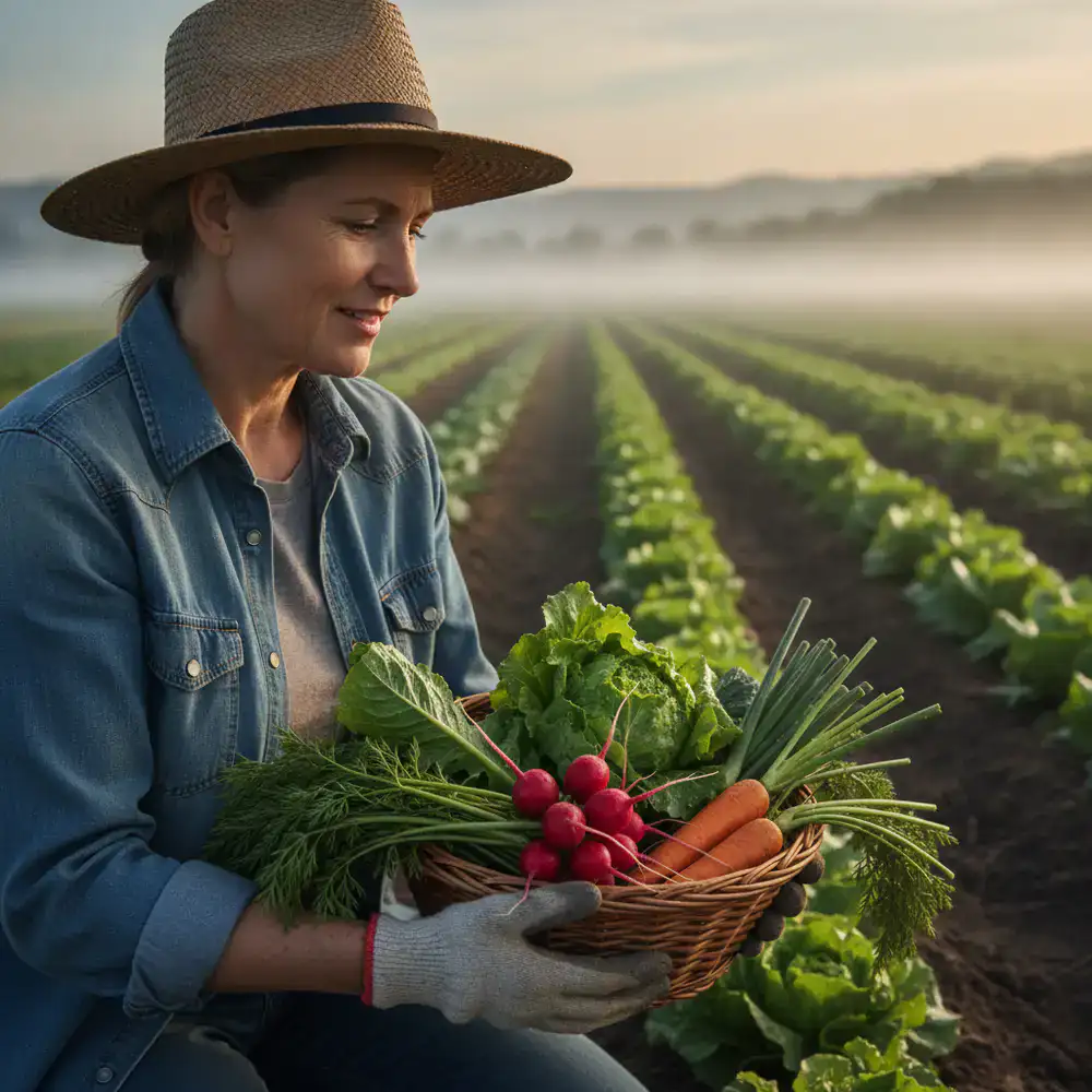 Farmer inspecting crisp morning vegetables in the field