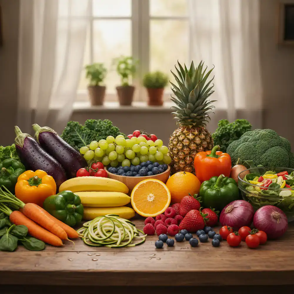Colorful assortment of fresh vegetables and fruits in a bright setting