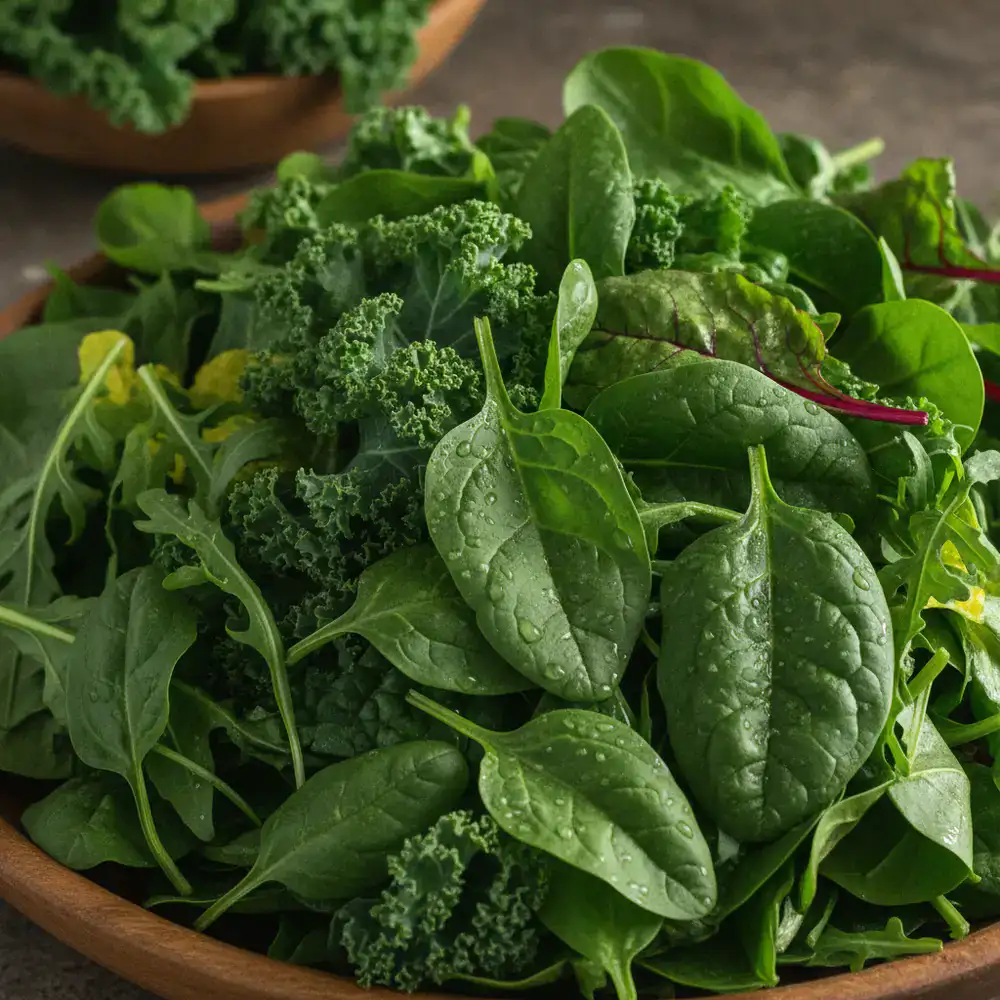 Vibrant dark green spinach and leafy vegetables