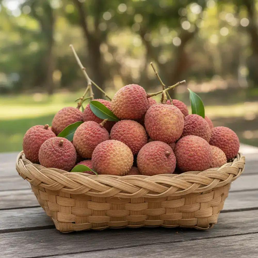 Freshly picked lychees in a woven basket