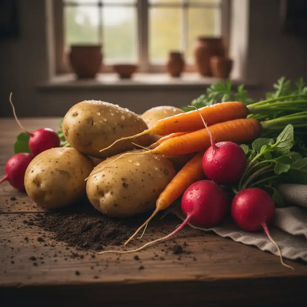 Fresh earthy carrots, radishes, and potatoes