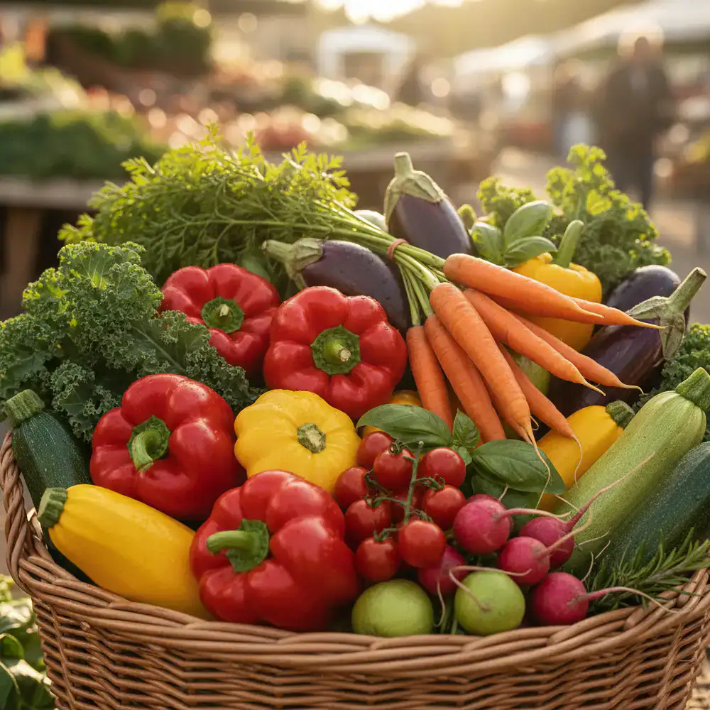 Bright and colorful fresh vegetables arranged in a basket highlighting healthy eating
