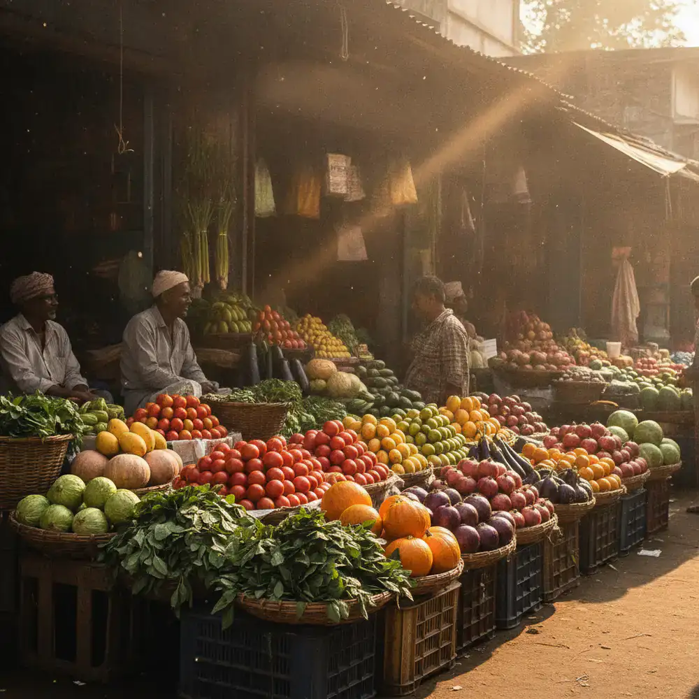 Vibrant market stall in Bangladesh showing an array of fresh colorful produce