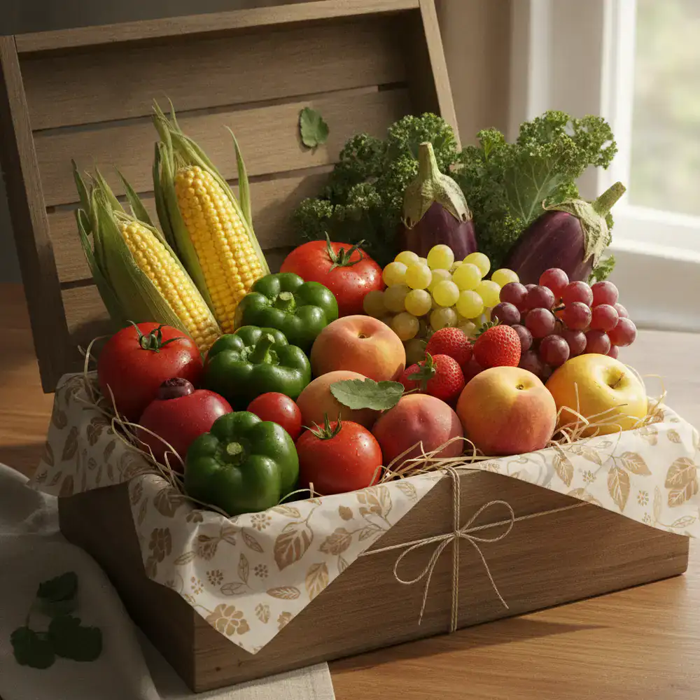 A beautifully packed box filled with assorted fresh produce