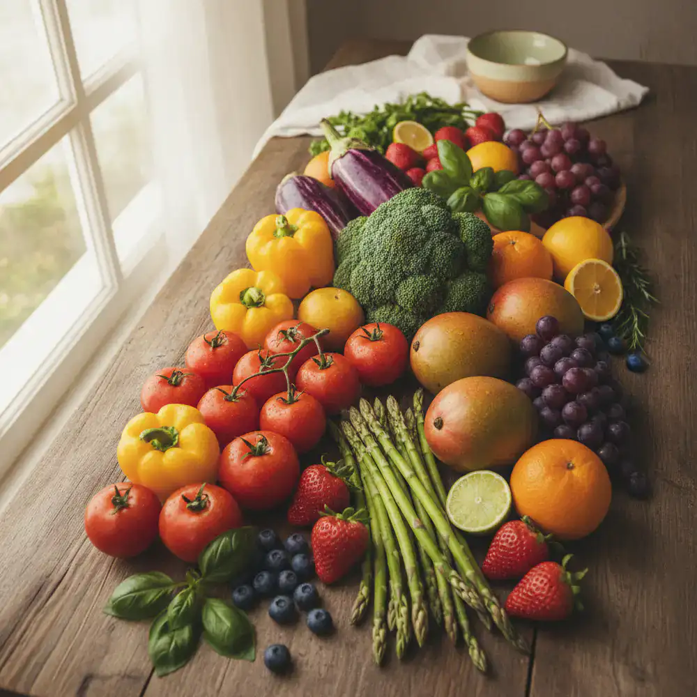Bright and colorful assortment of fresh vegetables and fruits
