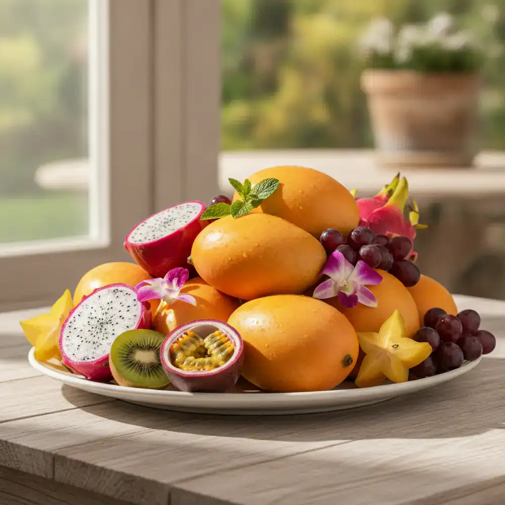 Bright orange mangoes and tropical fruits